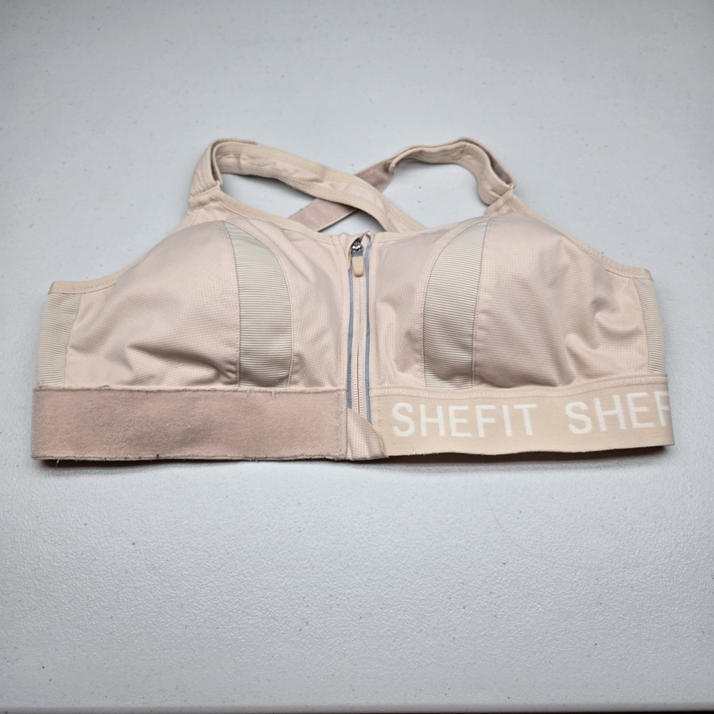 Shefit Women Sports Bra Beige LUXE Pink High Impact Wireless Front Zip